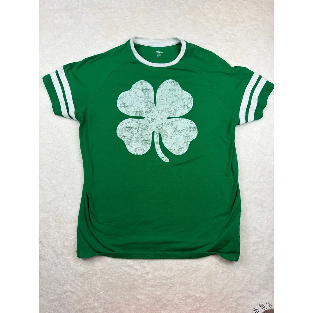 Way to Celebrate St Patricks Day Green Ringer T-Shirt Four Leaf Clover Large